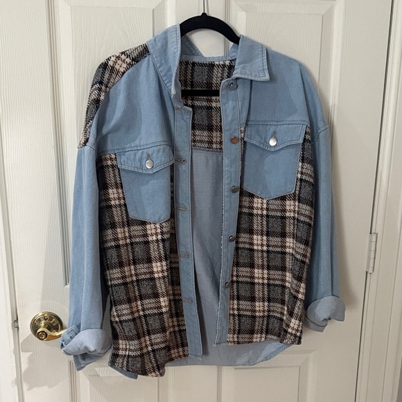 Plaid and Denim Button-Up Jacket size XL - Picture 1 of 4